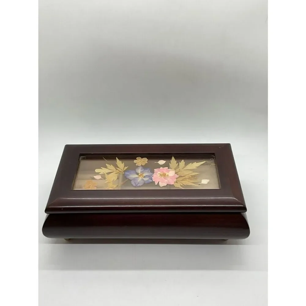 Vintage Bombay Company Floral Inlay Wooden Music Box - Plays Love story